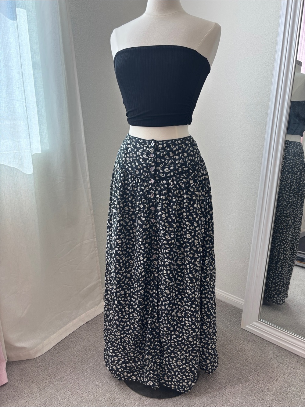 Free People Black Floral Button-Front Midi Skirt